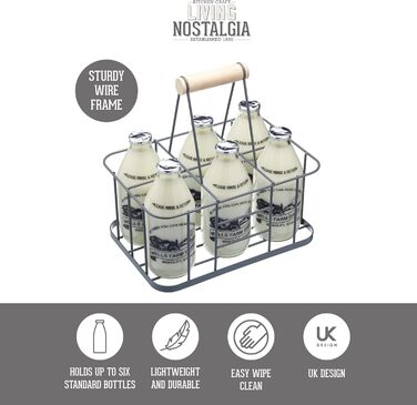 Металевий кошик KitchenCraft для 6 пляшок, сірий, 29x20x13 см – органайзер для молочних та винних пляшок, ретро стиль