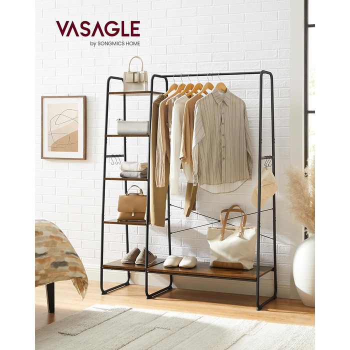 VASAGLE Вішалка для одягу з полицею для взуття та гачками, 120×45×160 см, відкрита шафа, вінтажна, для спальні та передпокою, коричнево-чорна