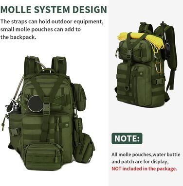 Військовий рюкзак HUNTVP 30 л, тактичний, водонепроникний, Molle, для чоловіків та жінок, спорт, подорожі, кемпінг, туризм, зелений