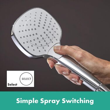 Душова лійка hansgrohe Croma Select E, 9 л/хв, 3 режими, квадратна 110x110 мм, антивапняна, біло-хром, економна (EcoSmart)