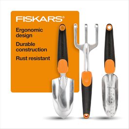 Набір садових інструментів Fiskars 3 шт: антикорозійна лопатка, граблі та культиватор для саду, ергономічні ручки, для посадки на вулиці, подарунок для жінок