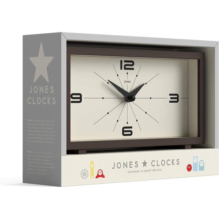Настільний годинник JONES CLOCKS Odeon, сучасний прямокутний дизайн у ретро-стилі, для полиці, столу, каміна або тумбочки, коричневий