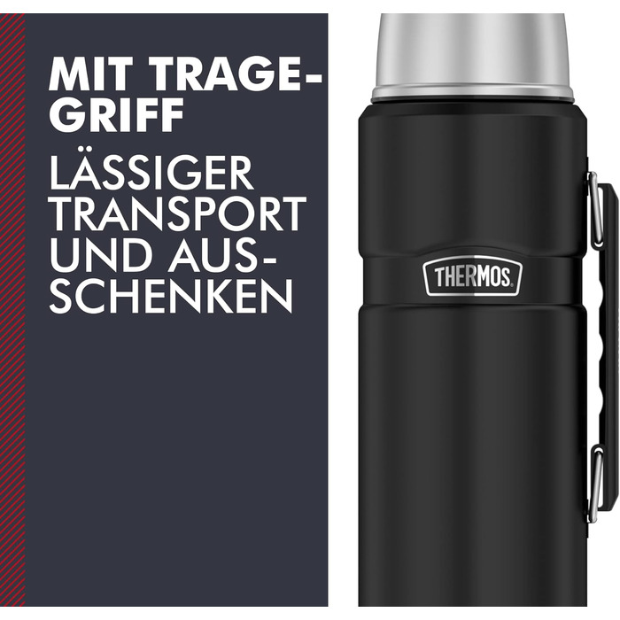 Термос THERMOS STAINLESS KING 1,2 л, чорний, нержавіюча сталь, герметичний, з чашкою і ручкою, 12 годин гарячий, 24 години холодний, для напоїв, BPA-free