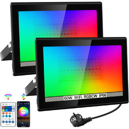 Світлодіодний прожектор для вулиці 100Вт, RGB, з дистанційним керуванням і Bluetooth-додатком, IP66, водонепроникний, набір 2 шт, для саду та двору