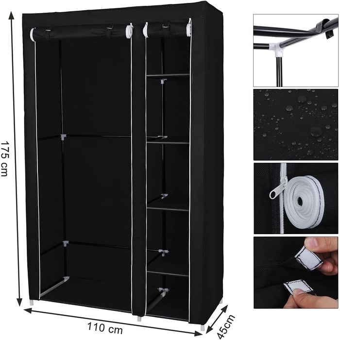 Тканинна шафа SONGMICS XL з вішалкою, складана, для одягу, 110x175x45 см, чорна, LSF007, органайзер для зберігання, кемпінг