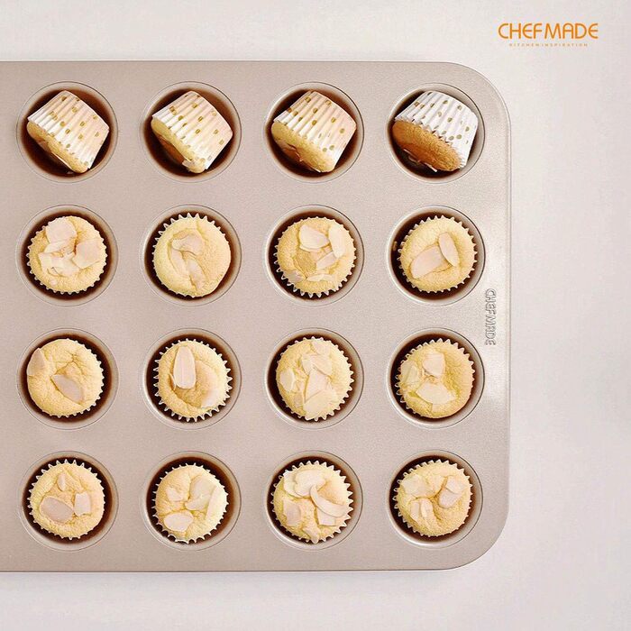 Форма для міні-мафінів CHEFMADE на 20 отворів, антипригарна для випікання кексів, шампань золото