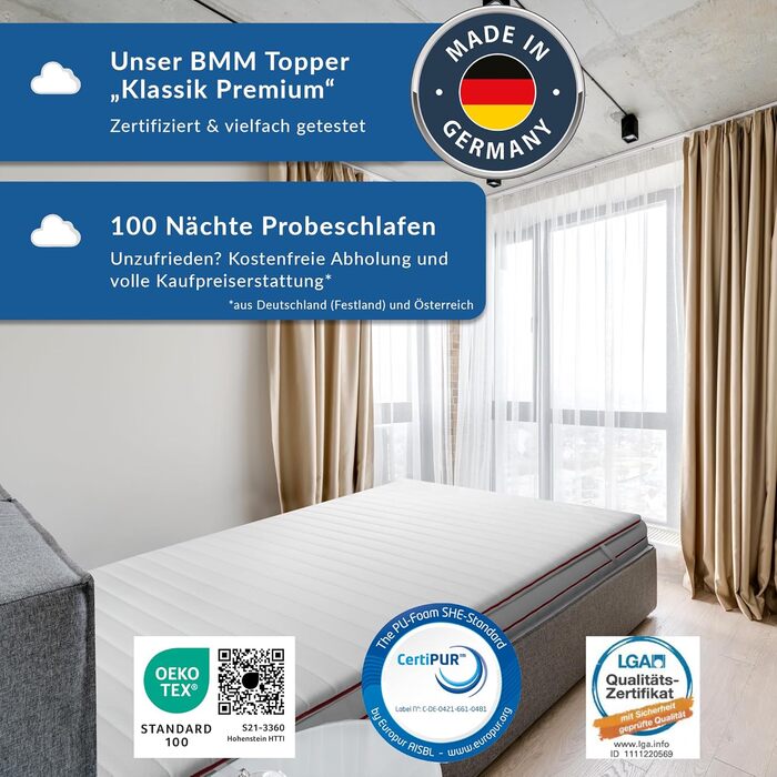 Топер BMM Klassik Premium 140x200 см, м'який H2, висота 6 см, ортопедичний, з холодної піни, Öko-Tex, вироблено в Німеччині