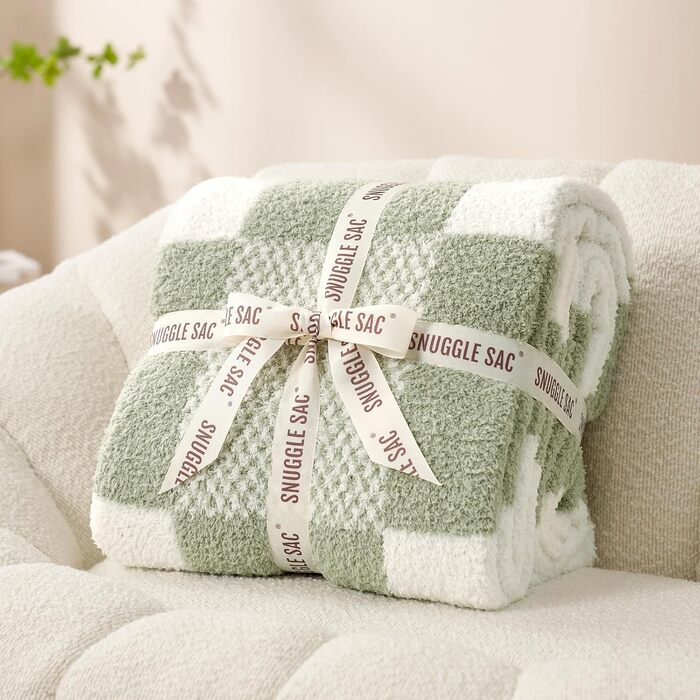 Плед Snuggle Sac в клітинку, салатовий, мікрофібра, флісовий, теплий, м'який, двосторонній, для дивана, крісла, ліжка, 127x152 см