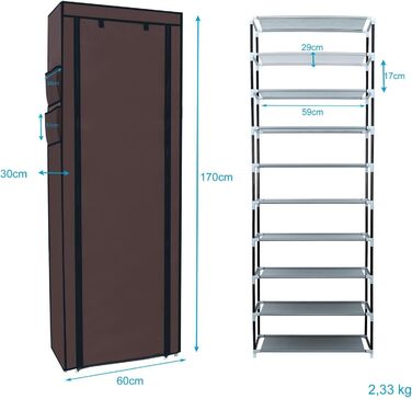 Тканинна шафа INTIRILIFE 170x58x28 см з блискавкою, 9 полиць, кокосово-коричнева, для одягу і взуття, розкладна, для кемпінгу