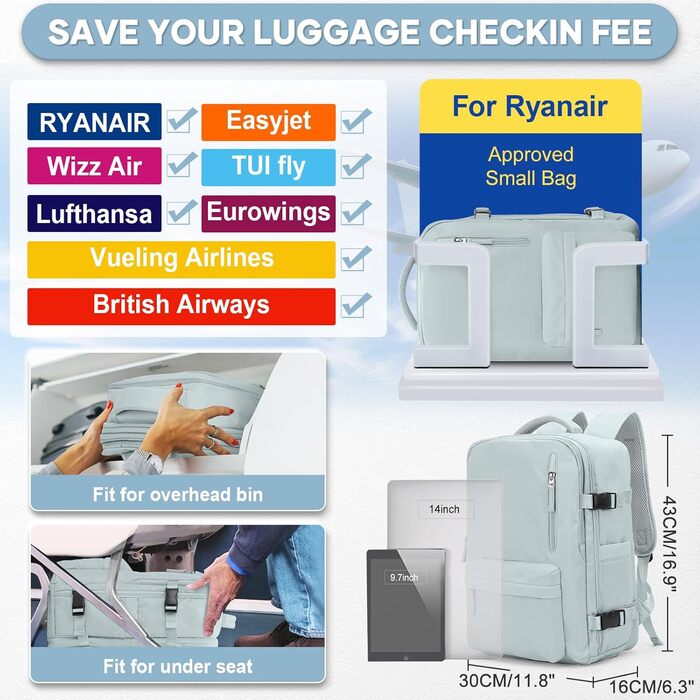 Рюкзак для ручної поклажі SZLX Ryanair, водонепроникний, з відділенням для взуття, підходить для 14-дюймових ноутбуків, під сидіння літака, для жінок і чоловіків, синій, вакуумний мішок з насосом