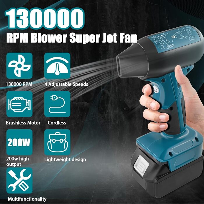 Портативний повітродув Jet Fan для Makita 18V, бездротовий міні-віник 130000 об/хв, 4 режими для очищення авто, пилу, листя, шерсті тварин