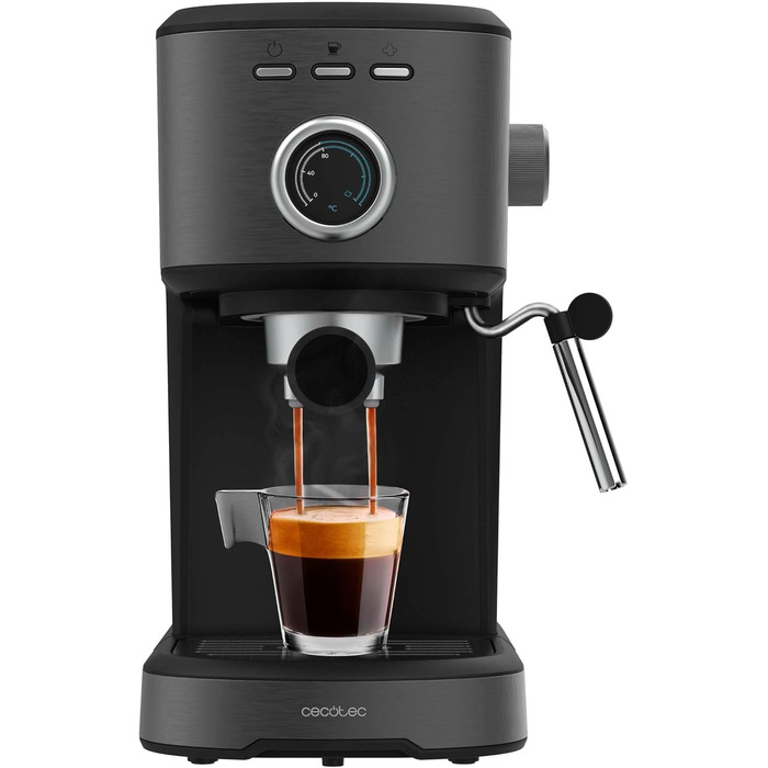 Кавоварка еспресо Cecotec Power Espresso 20 Pecan, 1100 Вт, 20 бар, термоблок, сталевий корпус, манометр, 1,25 л, подвійний фільтр, парова насадка