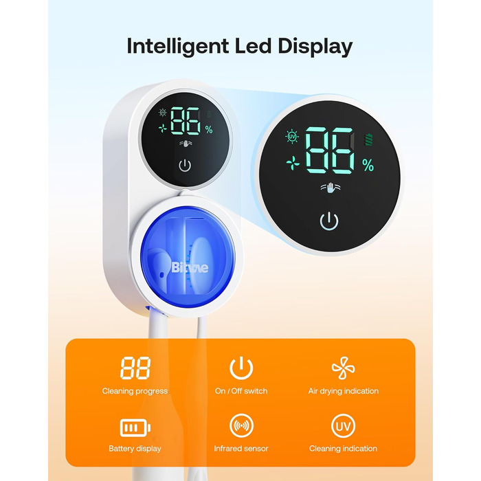 Очищувач зубних щіток з LED-екраном, сушінням та настінним кріпленням, білий, перезаряджуваний
