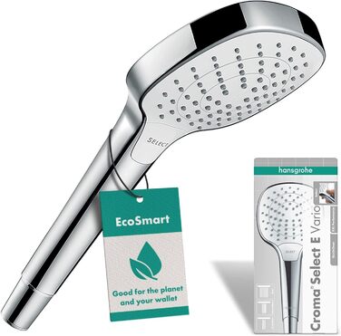 Душова лійка hansgrohe Croma Select E, 9 л/хв, 3 режими, квадратна 110x110 мм, антивапняна, біло-хром, економна (EcoSmart)
