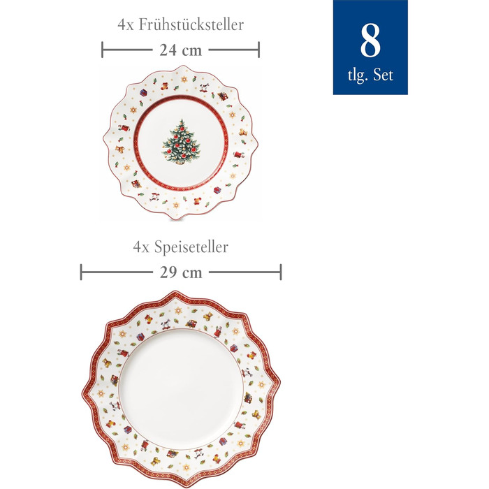 Villeroy & Boch Toy's Delight – набір тарілок 8 шт., порцеляна, святковий набір для різдвяного столу, обідні та сніданкові тарілки з новорічним малюнком, сервіз на 8 персон