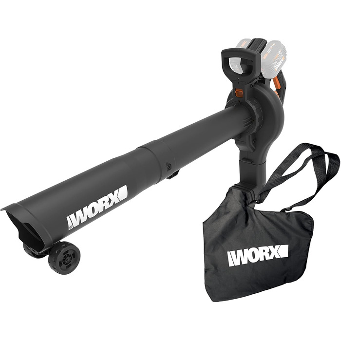 Акумуляторний повітродув та пилосос WORX WG583E.9 40В (2x20В), 2-в-1 для збору та всмоктування листя, мішок 35 л, без акумулятора і зарядного, чорний/помаранчевий