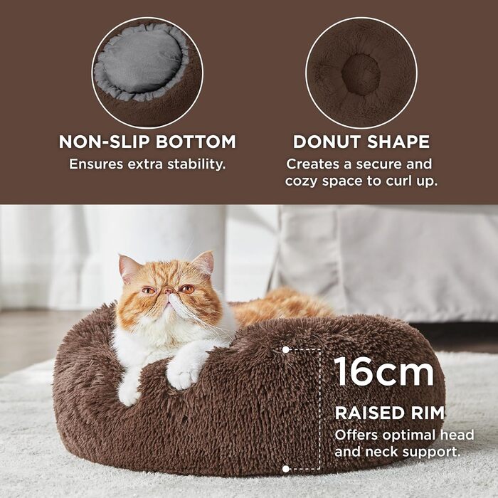 Лежак для котів та собак BEDSURE, круглий плюшевий, м'яке ліжко-кушон, коричневий, 50×50×16 см, діаметр 80 см, праний