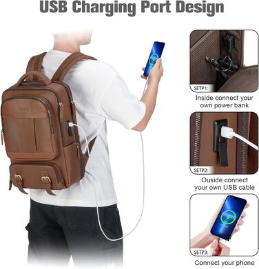 Рюкзак Tzowla для ноутбука 15,6'' з USB, канвас, коричневий, для подорожей і роботи, чоловічий та жіночий