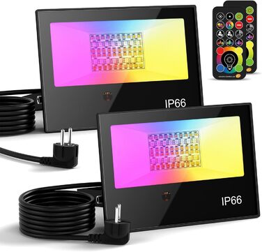 RGB LED прожектори для вулиці з пультом, 2 шт., 5000 Лм, диміруємі, кольорова підсвітка, тепле біле світло 3000K, IP66 водонепроникні, для саду, зовнішнього освітлення