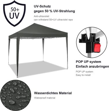 Павільйон WOLTU Pop-Up 3x3 м, водонепроникний, складаний, сонцезахист, для саду, тераси, кемпінгу, фестивалів, оксфордська тканина, металевий каркас, сірий
