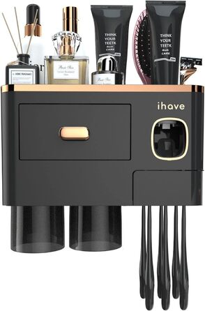 Органайзер для ванної iHave: настінний тримач для зубних щіток із дозатором пасти, 3 чашки, велика місткість, з висувним ящиком, чорне золото
