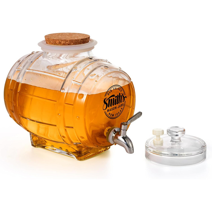 Диспенсер для води Smiths Mason Jars 5 л зі сталевим краном і скляною кришкою — для холодильника, для напоїв, інфузованої води та соків, металевий кран, компактний дизайн
