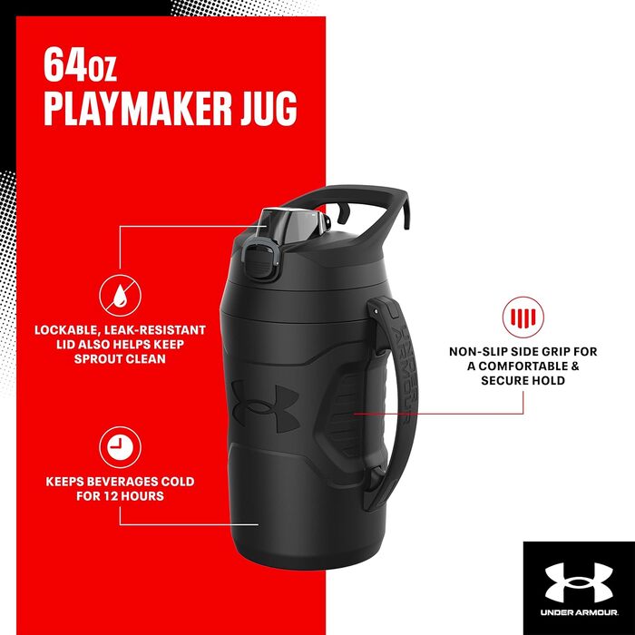 Пляшка для води Under Armour Playmaker Sport, 1,8 л, з ручкою, ізоляція, не протікає, чорна