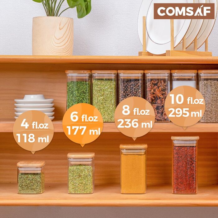 Набір скляних баночок для спецій ComSaf 16 шт з бамбуковими кришками, 170 мл, квадратні, з 275 чорними етикетками, порожні ємності для спецій, солі, цукру