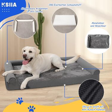 Ортопедичне ліжко для великих собак KSIIA 105x70x18 см, знімний і праний чохол, протиковзка основа, 3 підняті борти, ноппінг-піна, XL, світло-сірий