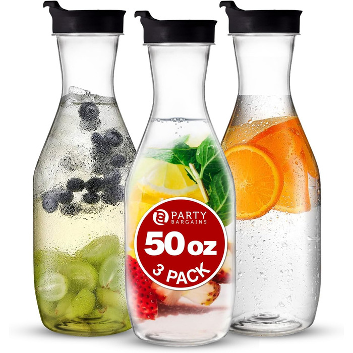 Пластикова глечик Party Bargains з кришкою, прозорий, набір 3 шт., чорна відкидна кришка, преміум-якість, міцний глечик для холодного чаю, соку, холодної кави, мімоза-бару