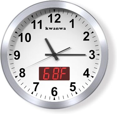 Сучасний настінний годинник KWANWA без тиканя, цифровий LCD/LED дисплей, календар, термометр, на батарейках, 30,5 см, 12-годинний формат, для кухні, спальні та офісу, сріблястий корпус, червоний LED