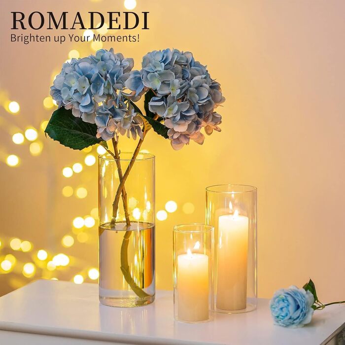 Набір скляних підсвічників-циліндрів Romadedi 12 шт. для свічок, вазонів, декору весілля, вечірки, столу, вітальні (15/20/25 см, 4 комплекти)