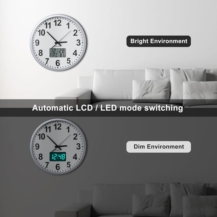 Сучасний настінний годинник KWANWA без тикань, цифровий LCD/LED дисплей, календар і температура, на батарейках, 30,5 см, 12-годинний формат, для кухні, спальні та офісу