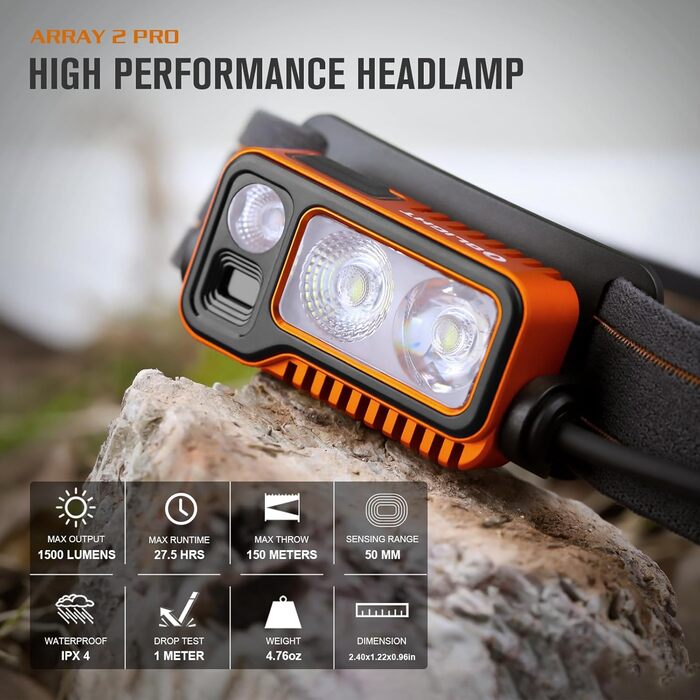 Налобний ліхтар OLIGHT Array 2 Pro з LED, жестовим керуванням, 1500 лм, 150 м, USB-C, акумуляторний, 3 режими світла, червоне світло, 60° регулювання, SOS, помаранчевий