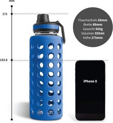 Скляна пляшка для води з силіконовим чохлом, 950 мл, герметична, BPA-free, придатна для миття в посудомийній машині, 2 змінні кришки, для офісу, спорту, фітнесу, йоги, темно-синя