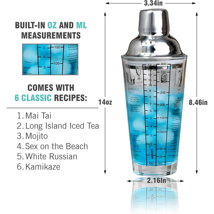 EVERYDAY COCKTAIL професійний скляний шейкер для коктейлів 400 мл, мартіні, з рецептами, прозорий барний шейкер з мірною шкалою та вбудованим ситом