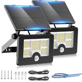 Сонячний світильник для вулиці з датчиком руху, 122 LED, 4 режими, прожектор, USB-зарядка, акумулятор 2200 мА·год, IP65, ліхтар на паркан для саду (2 шт.)