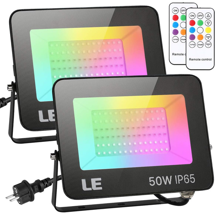 Світлодіодний прожектор Lepro 50W RGB із RF-пультом, 2 шт., водонепроникний LED-флудлайт з пам’яттю, димований, кольорова зміна, IP65, для саду, вечірки, готелю