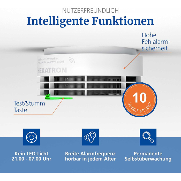 Детектор диму Hekatron Genius Plus з батареєю на 10 років, переможець тесту Stiftung Warentest, підтримка додатку, комплект 2 шт., клейкі подушки, багатомовний, вироблено в Німеччині