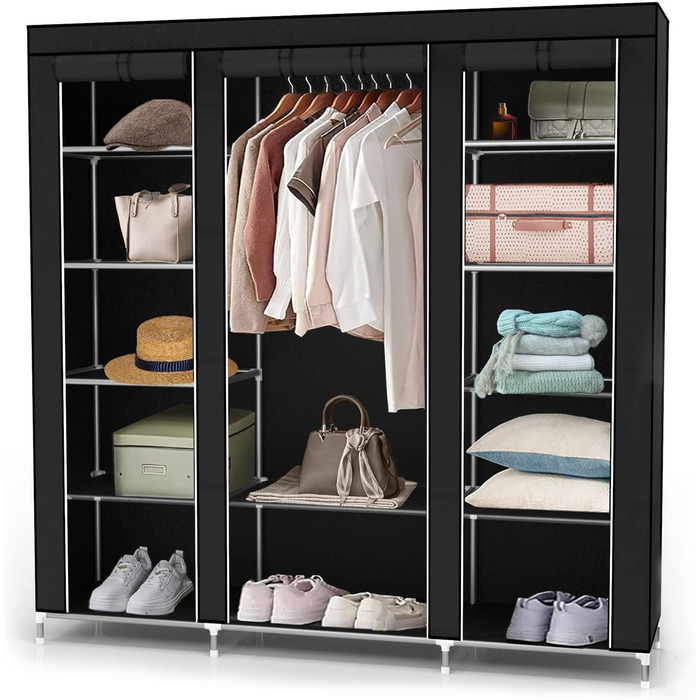 Тканинна шафа INTIRILIFE 150x175x45 см, чорна, з блискавкою, полицями, вішалкою і бічною кишенею – складана шафа для одягу, кемпінгу, гардеробу