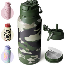 Пляшка для води з нержавіючої сталі BOTTLE BOTTLE 1 л з трубочкою, термос для спорту та фітнесу, ізольована, з відсіком для пігулок, BPA-free, подвійна стінка, джунглі-камуфляж