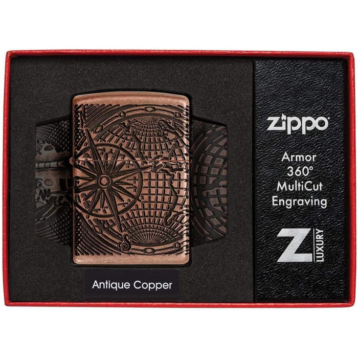 Бензинова запальничка Zippo 29853 з картою світу, антикварна мідь, заправна, у подарунковій коробці