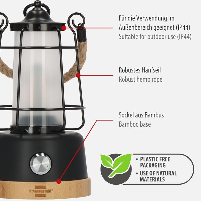 LED акумуляторний кемпінговий ліхтар Brennenstuhl CAL 1, 350 лм, IP44, до 75 годин роботи, регулювання яскравості і кольору, USB зарядка, з мотузкою з коноплі та основою з бамбука