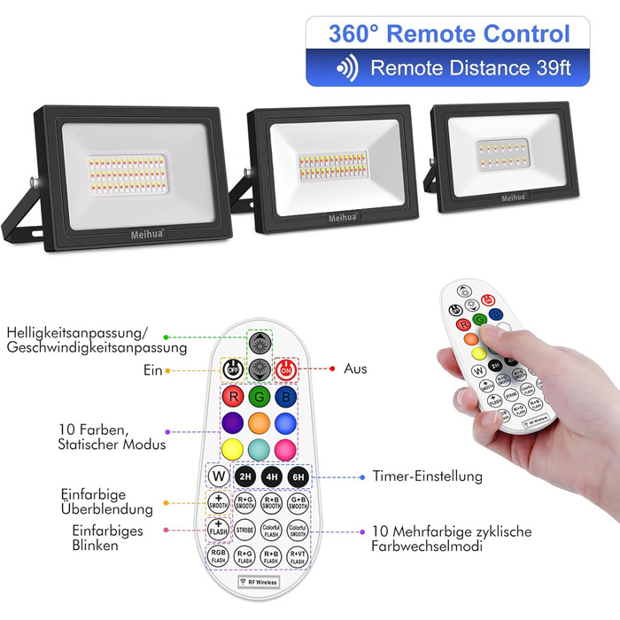 Світлодіодний RGB прожектор MEIHUA 60W з пультом, IP66, 10 кольорів, 12 режимів, таймер, для саду, ландшафту, вулиці