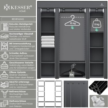 Тканинна шафа KESSER зі стійкою, полицями та 5 вішалками, складана гардеробна для спальні та гардеробної, 150x45x175 см, антрацит