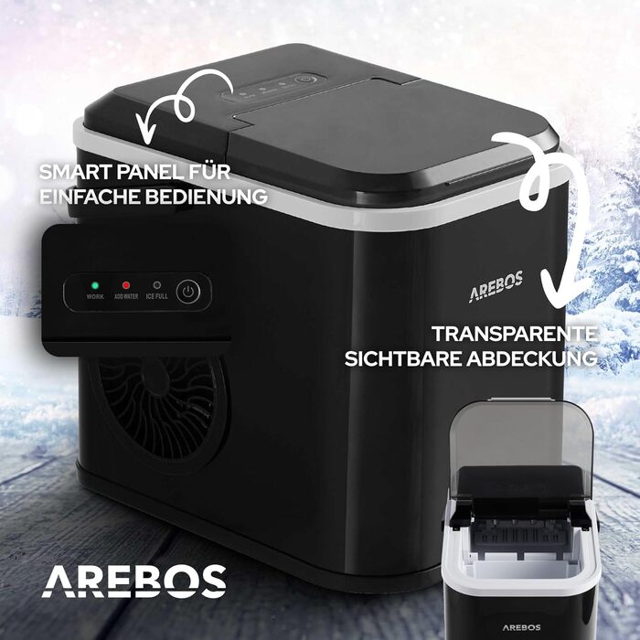 Льодогенератор Arebos 12 кг/24 год, R600a, 1,1 л, самочистка, тихий, з лопаткою та контейнером, чорний, 8 кубиків за 10 хв, льодогенератор зі скляним вікном