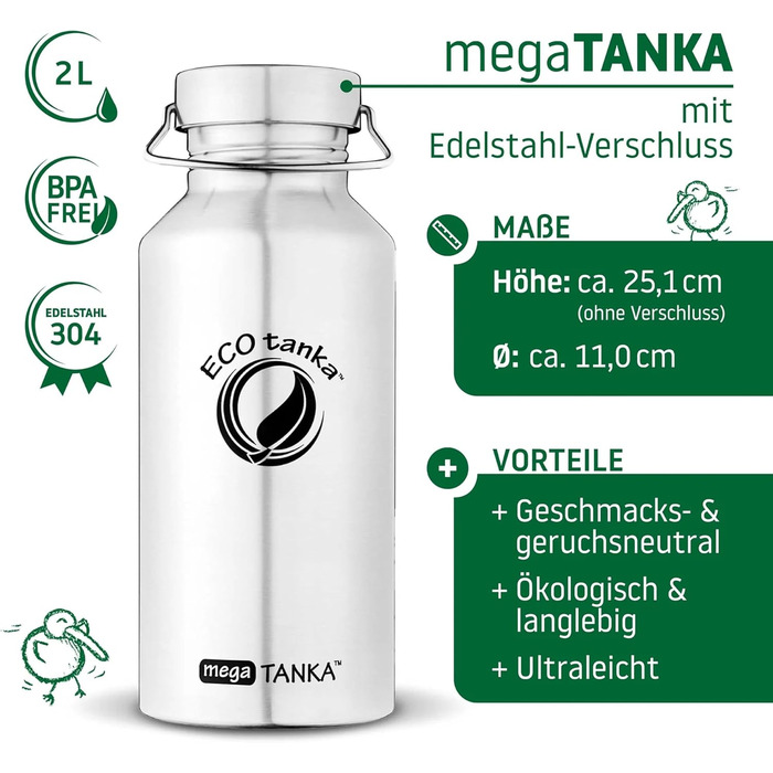 Еко-пляшка для води ECOtanka megaTANKA 2,0 л з нержавіючої сталі, герметична, BPA-free, для спорту, туризму, фітнесу