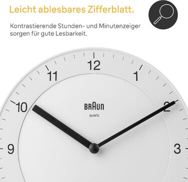 Настінний годинник Braun BC06W, класичний, аналоговий, кварцовий механізм, тихий хід, білий циферблат, 20 см