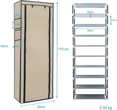 Тканинна шафа INTIRILIFE 170x58x28 см з блискавкою, 9 полиць, для одягу та взуття, кемпінгова, кремово-бежевого кольору