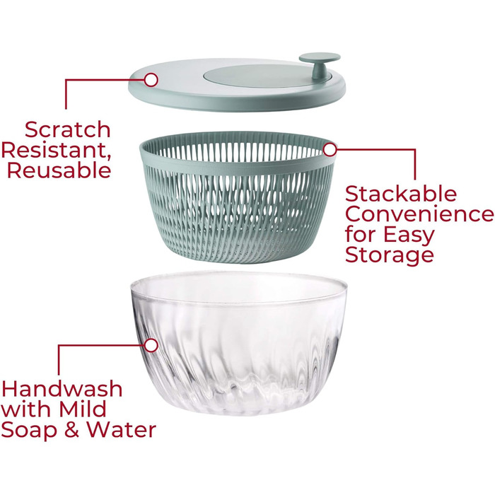 Сушарка для салату Guzzini SPIN&STORE з кришкою, олива, 26×19 см, 4000 мл, біла, Kitchen Active Design